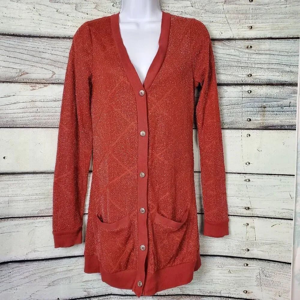 BKE Red Women’s Metallic Rust Shimmer Longline Cardigan Sweater Size Medium
